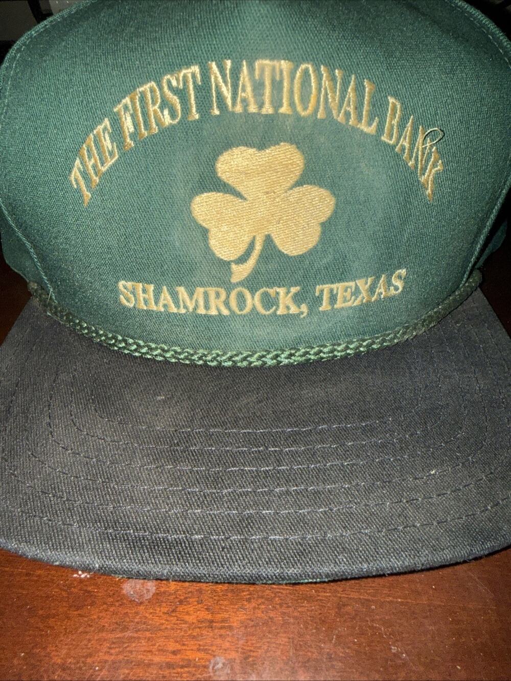 Vintage First National Bank Shamrock Texas Hat Snapback Green Rope Twill Cap VTG
